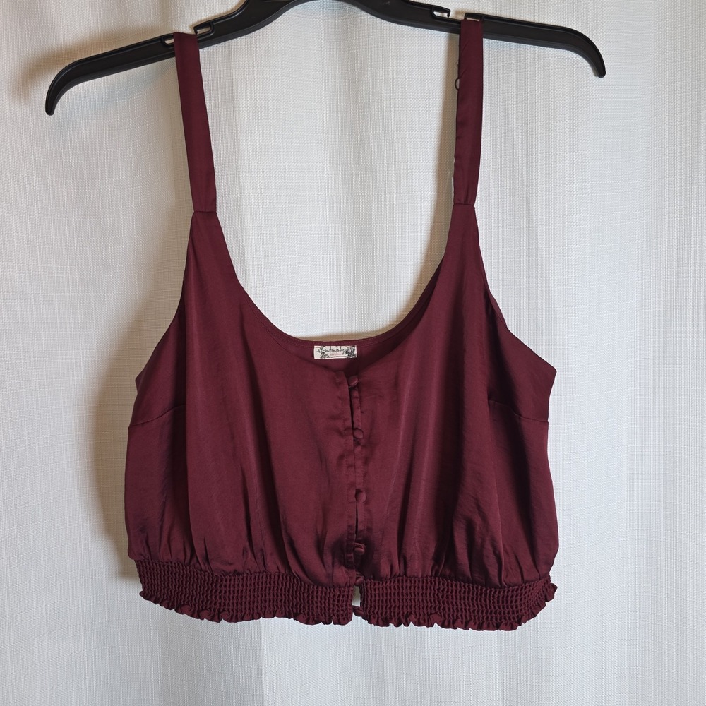 Free People Burgundy Woven Button Scoop Neck Cropped Strappy Tank Top XL